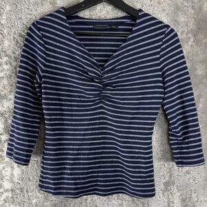 Tahari Size XS Striped Casual V Neck Top Navy 3/4 Sleeve Pullover T Shirt